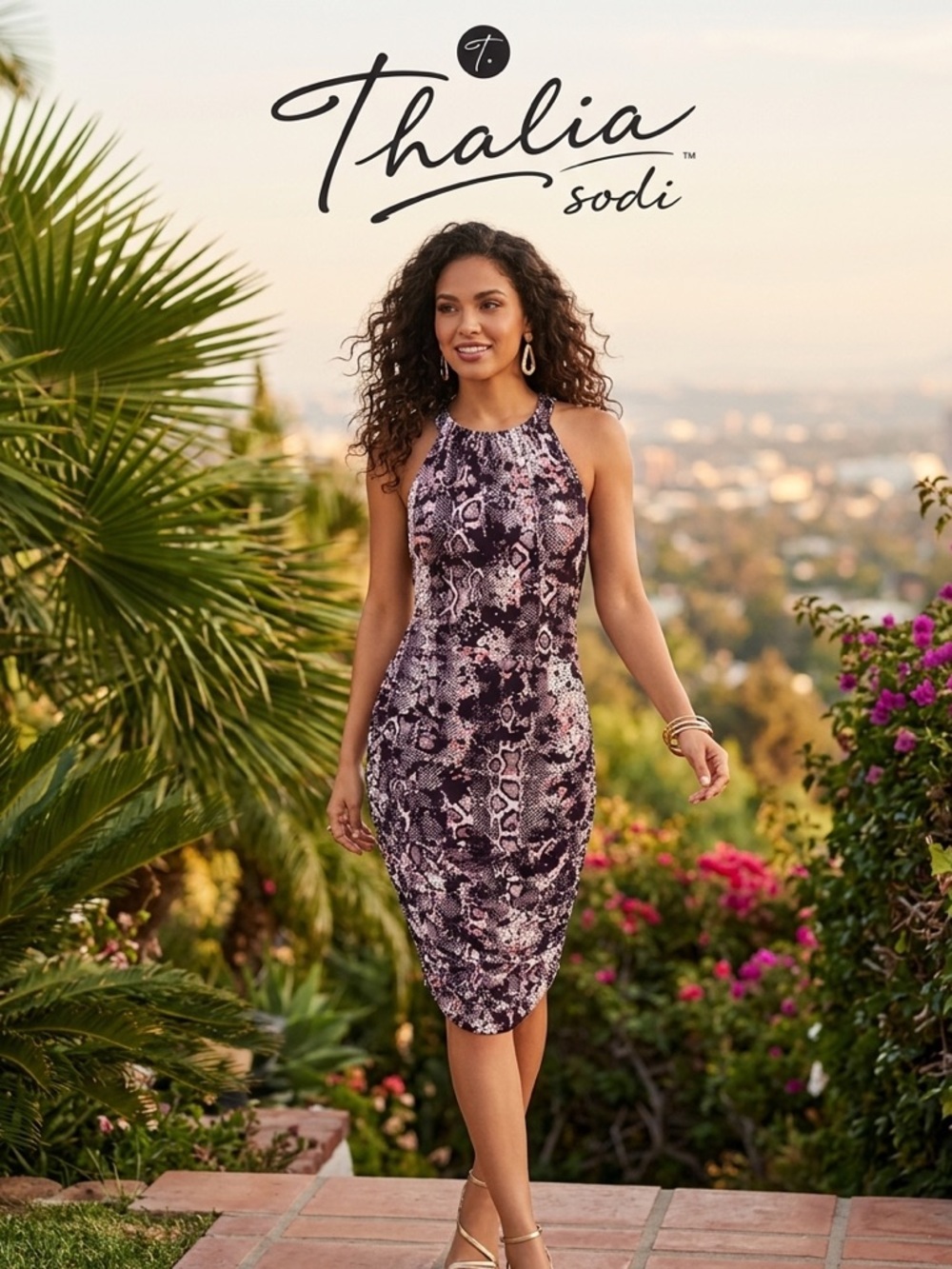 Thalia Sodi Pink Snake-Print Halter Midi Dress